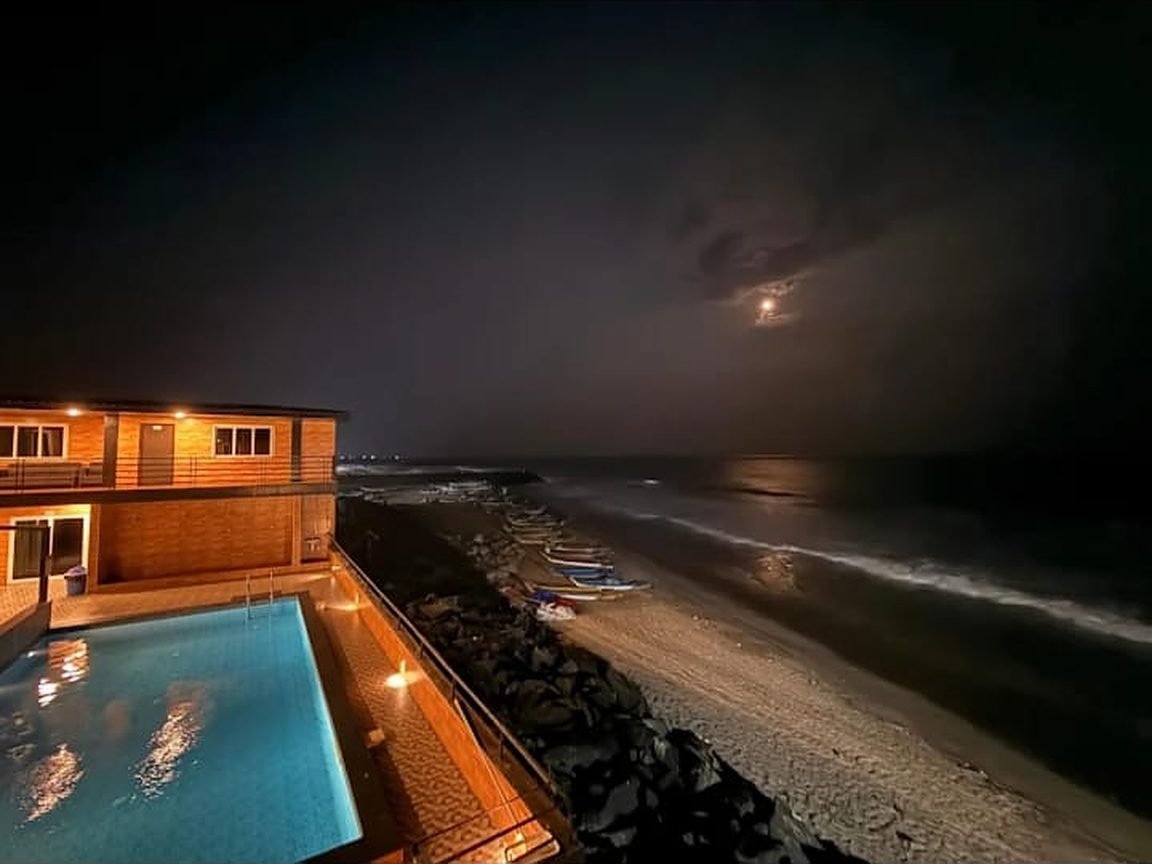 Night view of beach and pool